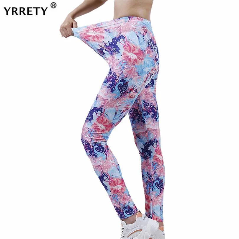 

YRRETY Women High Elastic Fitness Sport Gym Leggings Blue Pink Flowers Pants Slim Running Tights Sportswear Trousers Clothing