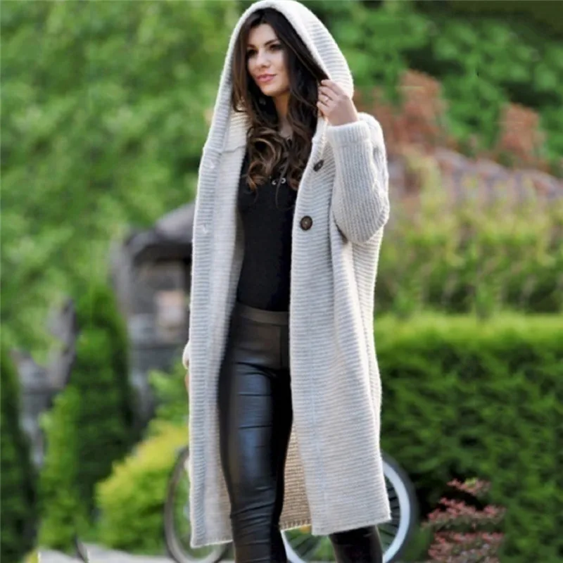 

Women Autumn Winter Hooded Long Cardigan Solid Color Oversized Cardigans Female Keep Warm Sweater Loose Cotton Knitted Coat
