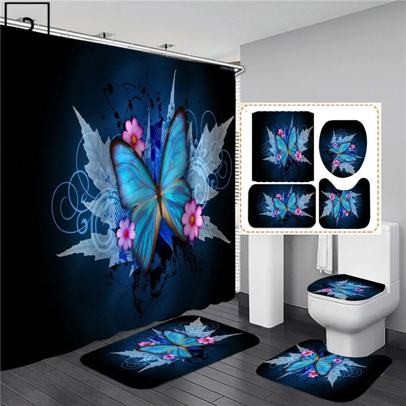 big butterfly beautiful polyester shower curtain 134pcs bathroom waterproof curtains bath mat set toilet lid cover wc supplies free global shipping