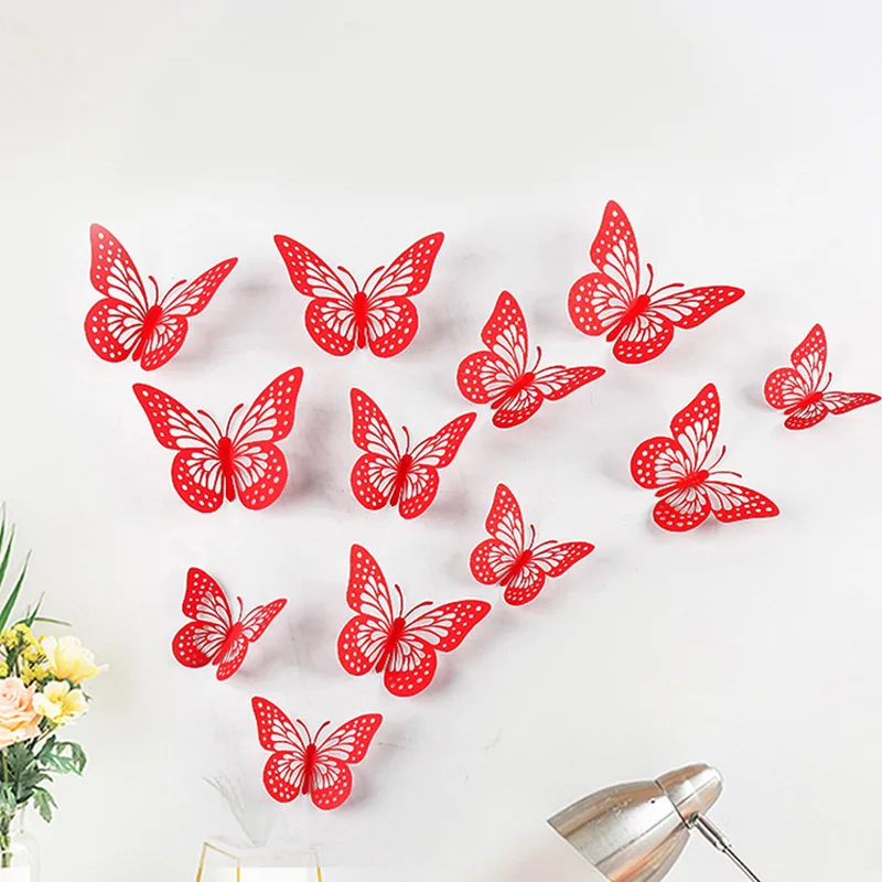 

12pcs/set Red 3D Hollow Butterfly Wall Sticker for Wedding Party DIY Decoration Living room Home Decor Art Butterflies Stickers
