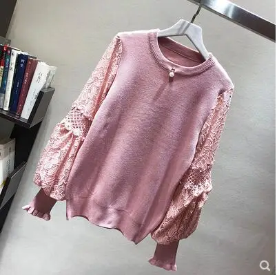 pink LUOSHA женский осенне-зимний вязаный ажурный кружевной фонарь рукав жемчужный пуловер, украшенный бисером и свитера женский джемпер Pull Femme - Цвет: pink
