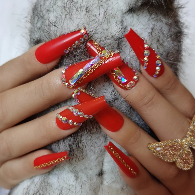 

24pcs 2021 The latest design luxury jewelry ballet coffin fake nail crystal diamond red