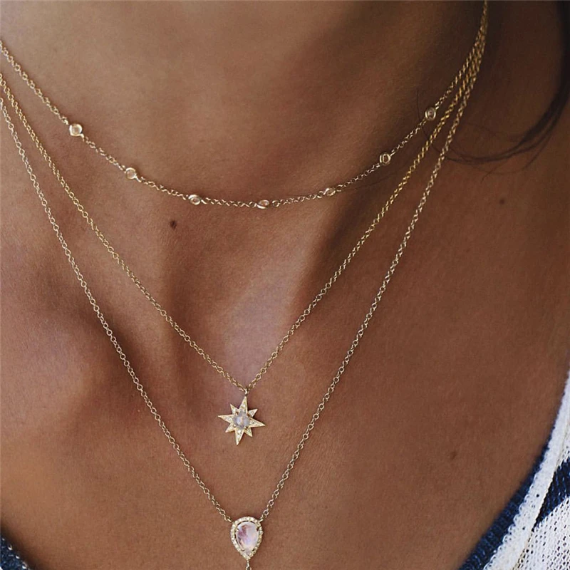 Boho винтажное модное многослойный ожерелье s для женщин Многоэлементный геометрический Хрустальный каменный кулон длинное ожерелье подарок ювелирные изделия - Окраска металла: NE-0054-14