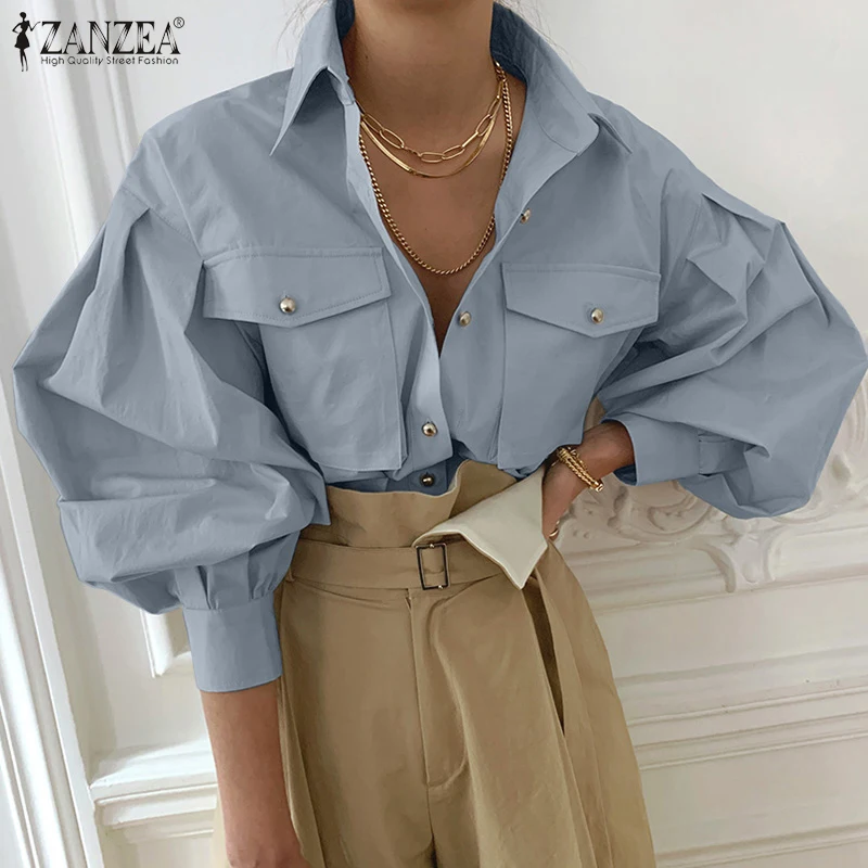 

ZANZEA Fahsion Shirt Blouse Women 2021 Casual Solid Puff Sleeve Loose Tops Blusa Femininas Oversized Spring Autumn Work Shirt 7