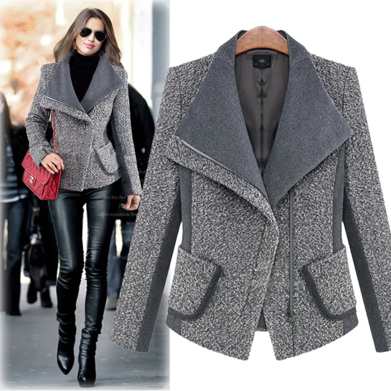 

Женское шерстяное пальто, тонкое короткое пальто на молнии с длинным рукавом, зимняя куртка