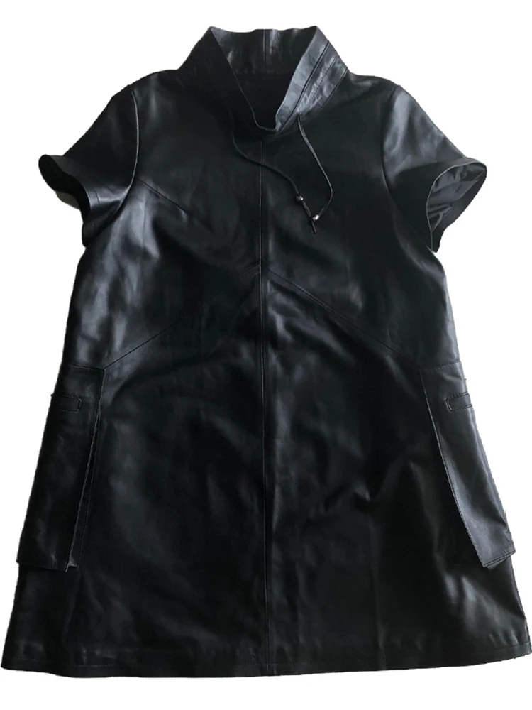 

New Oversized Red black long spring womens leather jacket Short sleeve Stand-up collar shoulder Plus size loose faux leather co