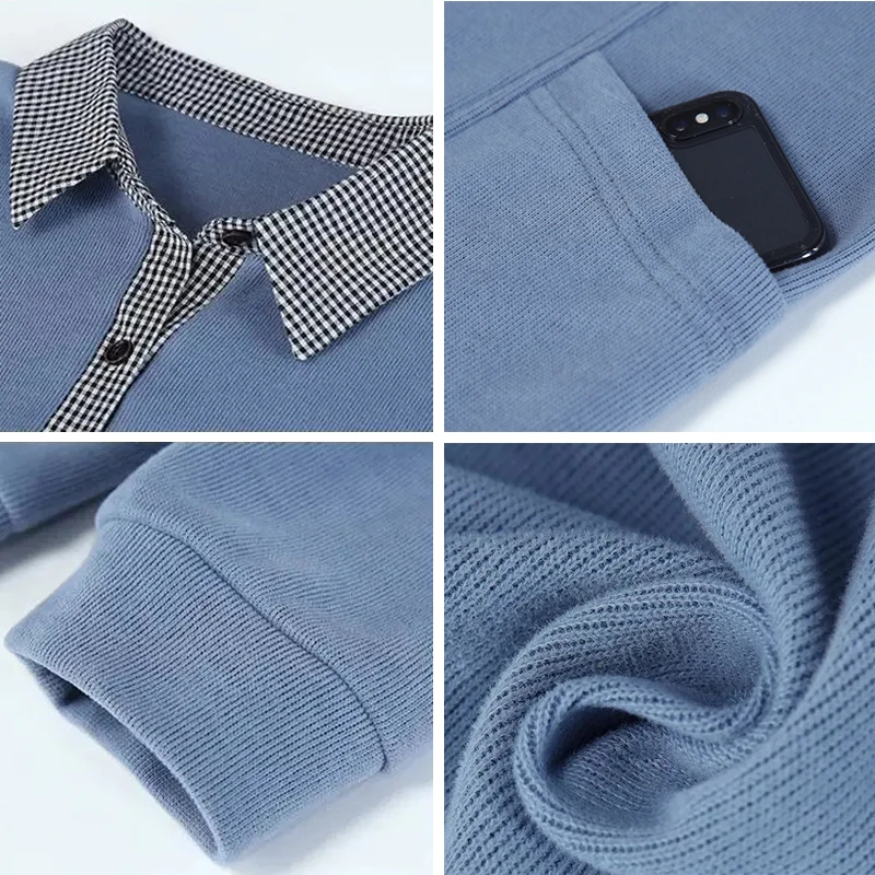 

Korean Plus Size Women's Clothing Spring Autumn Fashion Long Sleeve Pullover Loose Turn-Down Collar Patchwork Casual Tops Female