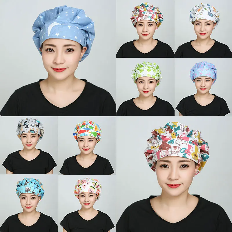 

Unisex Cotton Adjustable Scrubs Hats Floral Print Surgical Cap High Quality Beauty Salon Work Hat Elastic Pet Grooming Cap New