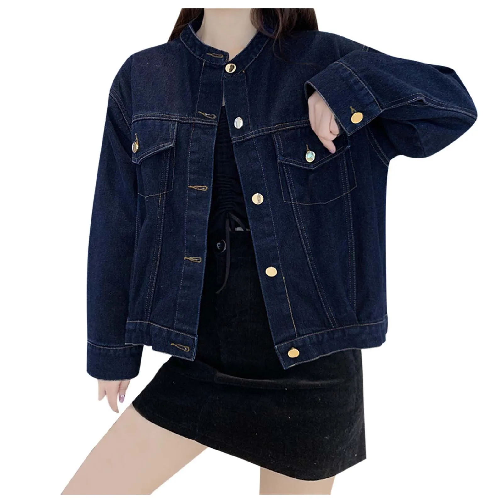 

Women'S Long Sleeve Short Coat Lapel Fashion Solid Color Casual Denim Jean Jacket Button Coat With Pocket Coat Jacket