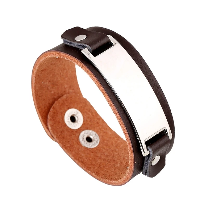 

New designs in 2020! Punk men metal shiny dark brown leather bracelet, retro casual leather bracelet women