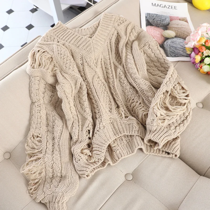 Gaganight Hole Autumn Winter Women Sweaters Long Sleeves V Neck Chic Fashion Pullover Solid Loose Pull Femme Korean Vintage Tops | Женская