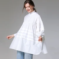 women casual loose tops fashion ruffled bandage shirt white shirts long sleeve cotton round neck high quality elegant shirt