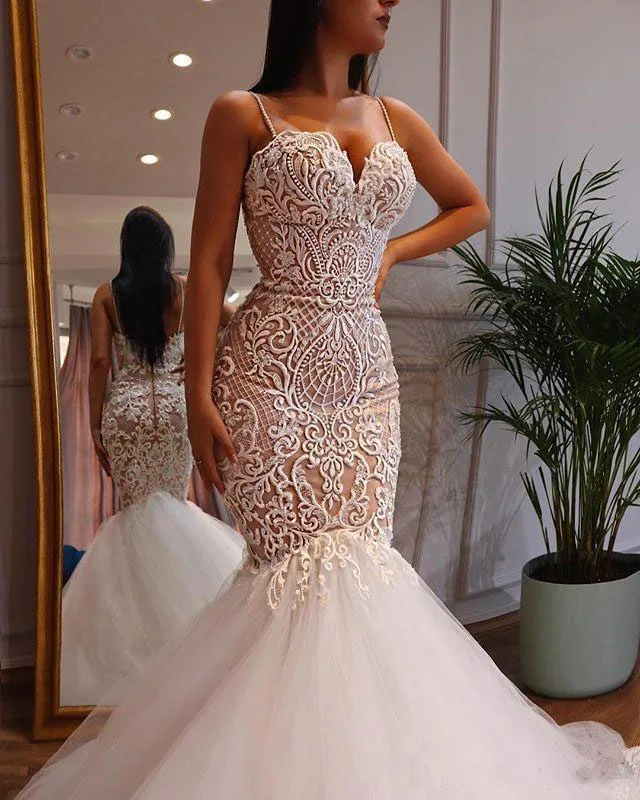 Кружевное Свадебное платье русалки на тонких бретельках Милое с вырезом