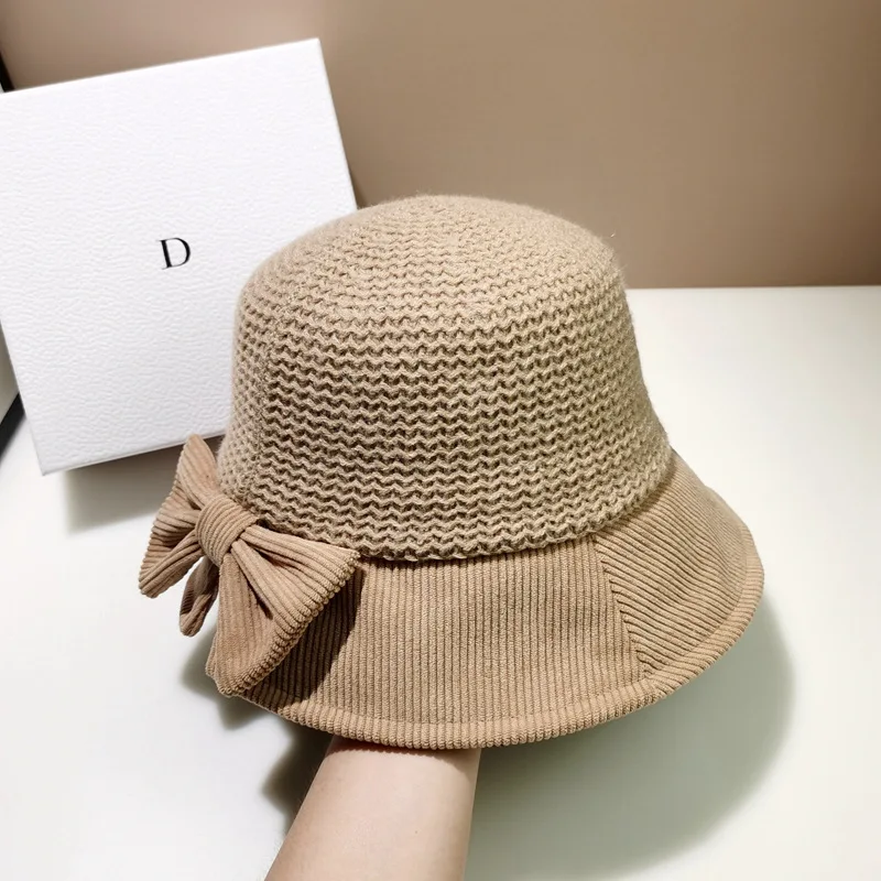 

Ins Hot Chenille Corduroy Bucket Hats Fall Winter Bowknot Panama Cap Outdoor Sunscreen Sunbonnet Fedoras Women Fisherman Bonnets