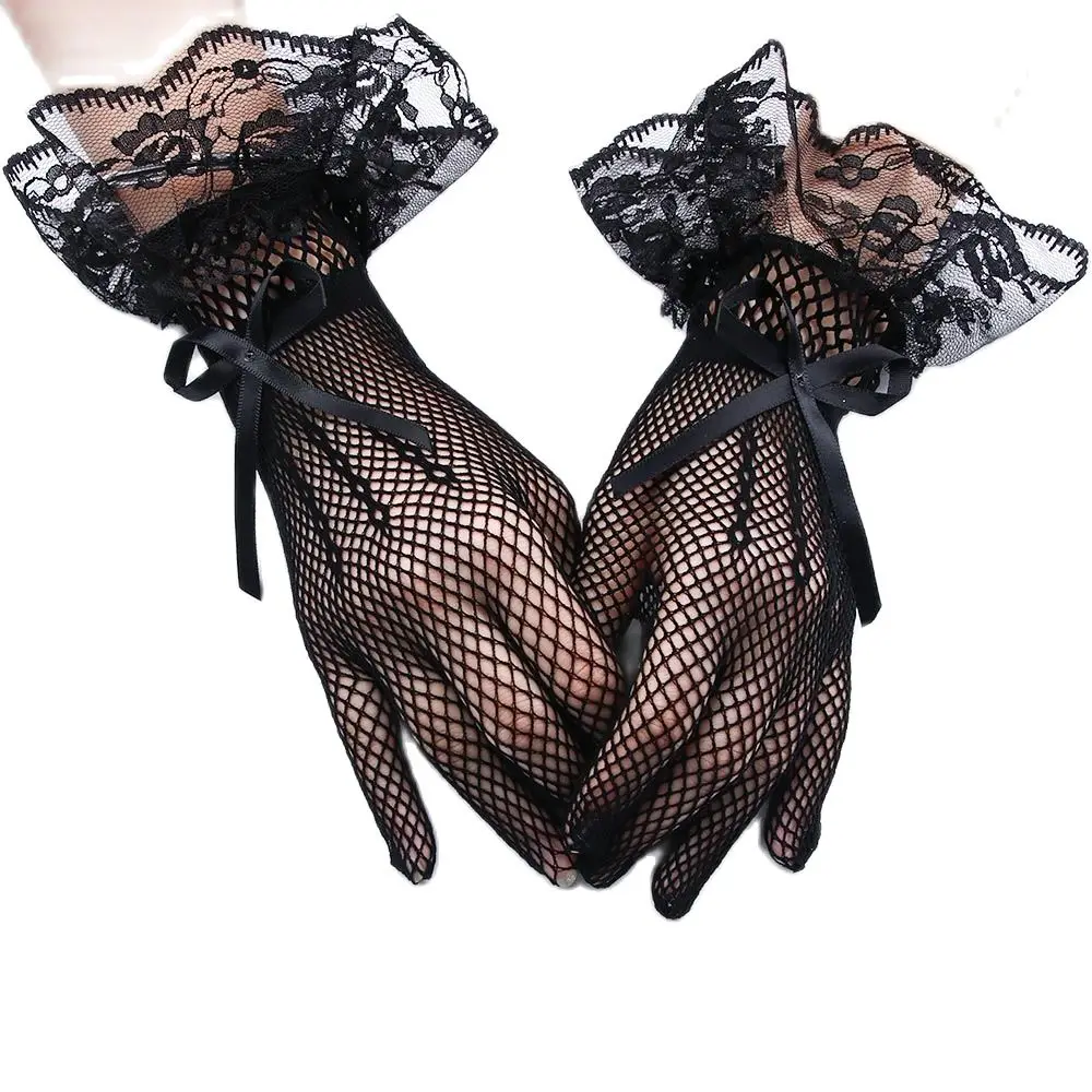 

Lace Bridal Gloves Vintage Formal Black Sheer Evening Gloves with Satin Bow and Lace Ruffle Wrist Cuffs for Women and Girls