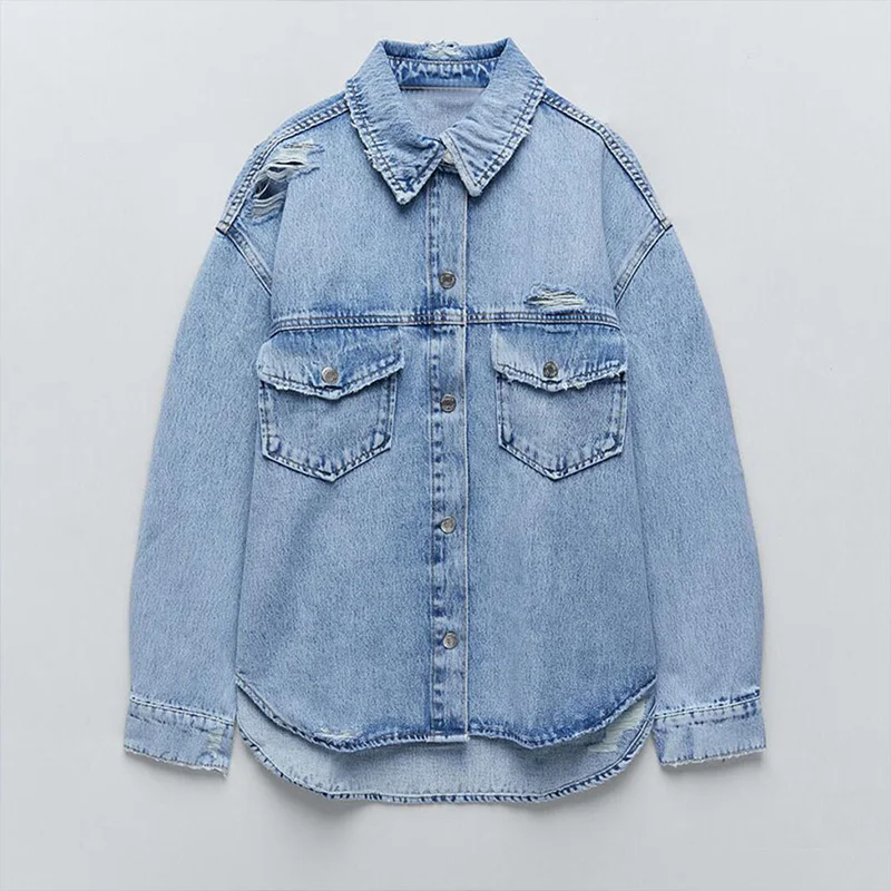 Женская джинсовая рубашка с вырезами Повседневная Свободная куртка из денима