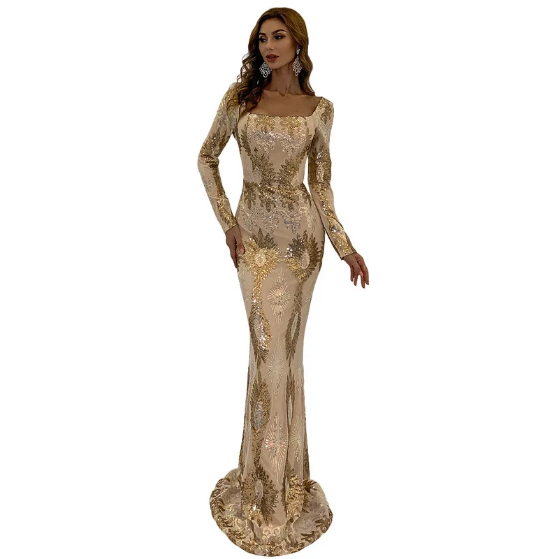 

Diiwii 2021 Women Elegant Square Collar Sequin Evening Party Dress Sexy Backless Gold Maxi Dress Body Dress