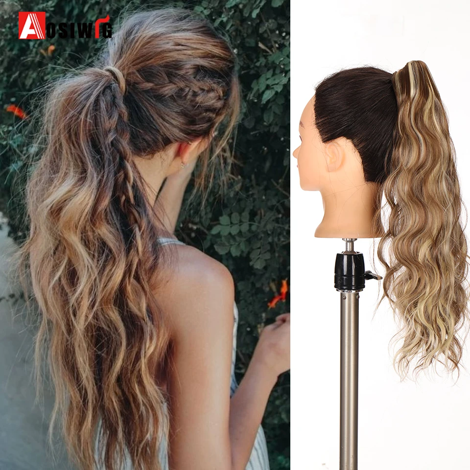 

AOSIWIG Long Hair Ponytail Bouncy Curly Hair With Claw Ponytail Wig Heat-Resistant Synthetic Hair Reddish Brown Black Blond