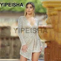 v neck long sleeve glittery mini cocktail party dresses asymmetrical sequined clubbing party gown vestidos de fiesta %d9%81%d8%b3%d8%a7%d8%aa%d9%8a%d9%86 %d8%a7%d9%84%d8%b3%d9%87