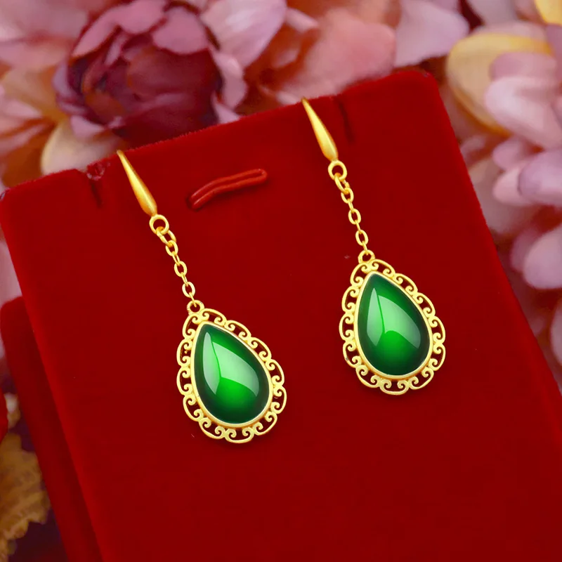 

Earrings Women 14K Gold Drop Earring Water Droplet Agate Stone Gemstone Earrings Green Emerald Jade Earrings Jewelry Female Gift