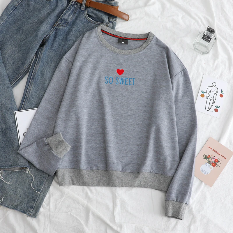 

Sping Autumn Casual Women Love Heart Hoodies Loose Long-sleeved So Sweet Printed Harajuku Pullover Solid Sweatshirts Female