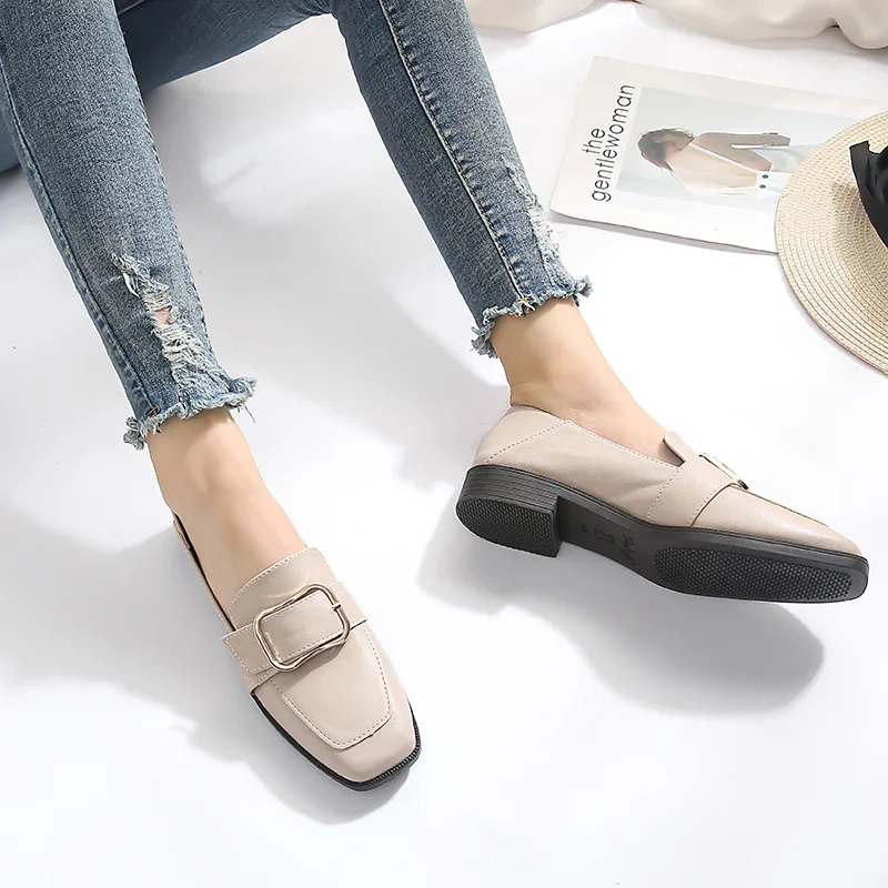 

2020 Autumn New Square Head Single Shoes Thick Heel Metal Belt Buckle Women's Shoes Shallow Mouth British Women's Shoes