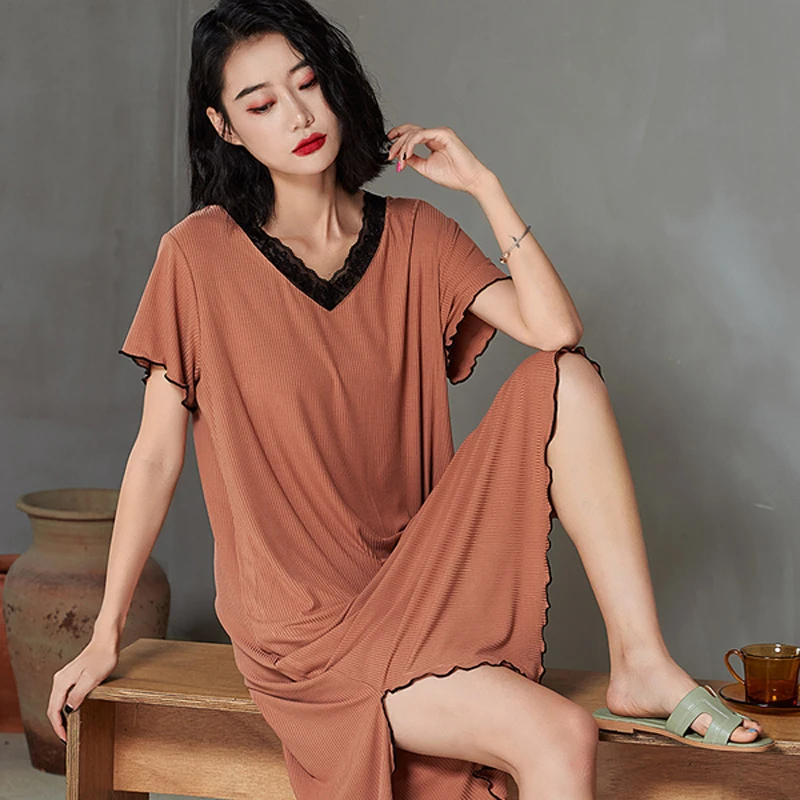 

New 2021 Summer Women Casual Sleepwear Solid Color Modal Lace Nightdress Soft Loose Free Homewear Short Sleeve Lingere Nightgown