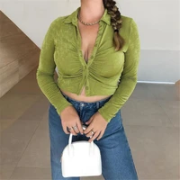 sexy long sleeve crop tops women ruched casual t shirt fashion 2021 early autumn knitted shirts y2k streetwear outfits