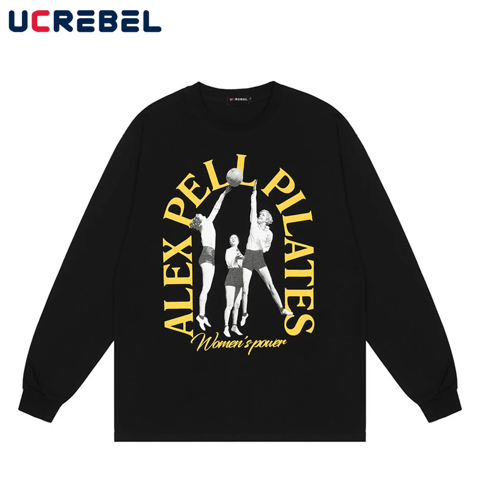 

Portrait Print Long Sleeve T-shirt Mens Autumn Casual Crew Neck Cotton Tee Streetwear Simple Loose Tshirt Men