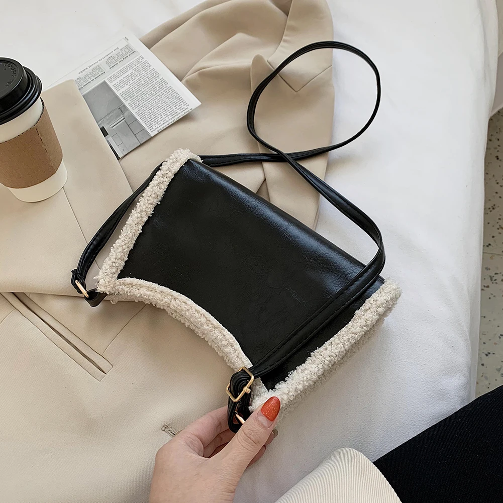

Portable Money Purse Women Splicing Fleece PU Shoulder Crossbody Bag Autumn Tote Fashion Exquisite Shopping Bag