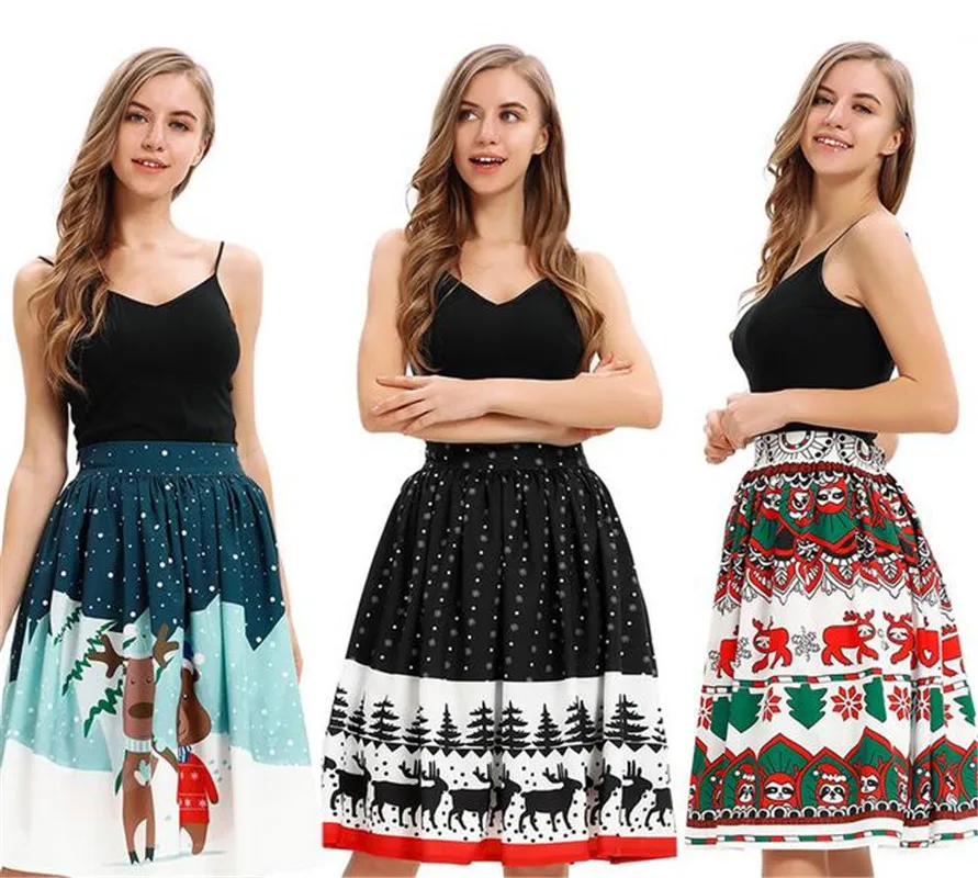 

2020 New Arrival Hepburn Vintage Skirt Printed Forest Christmas Cartoon High Waist Mid Length Skirt Street Style Puffy Skirt