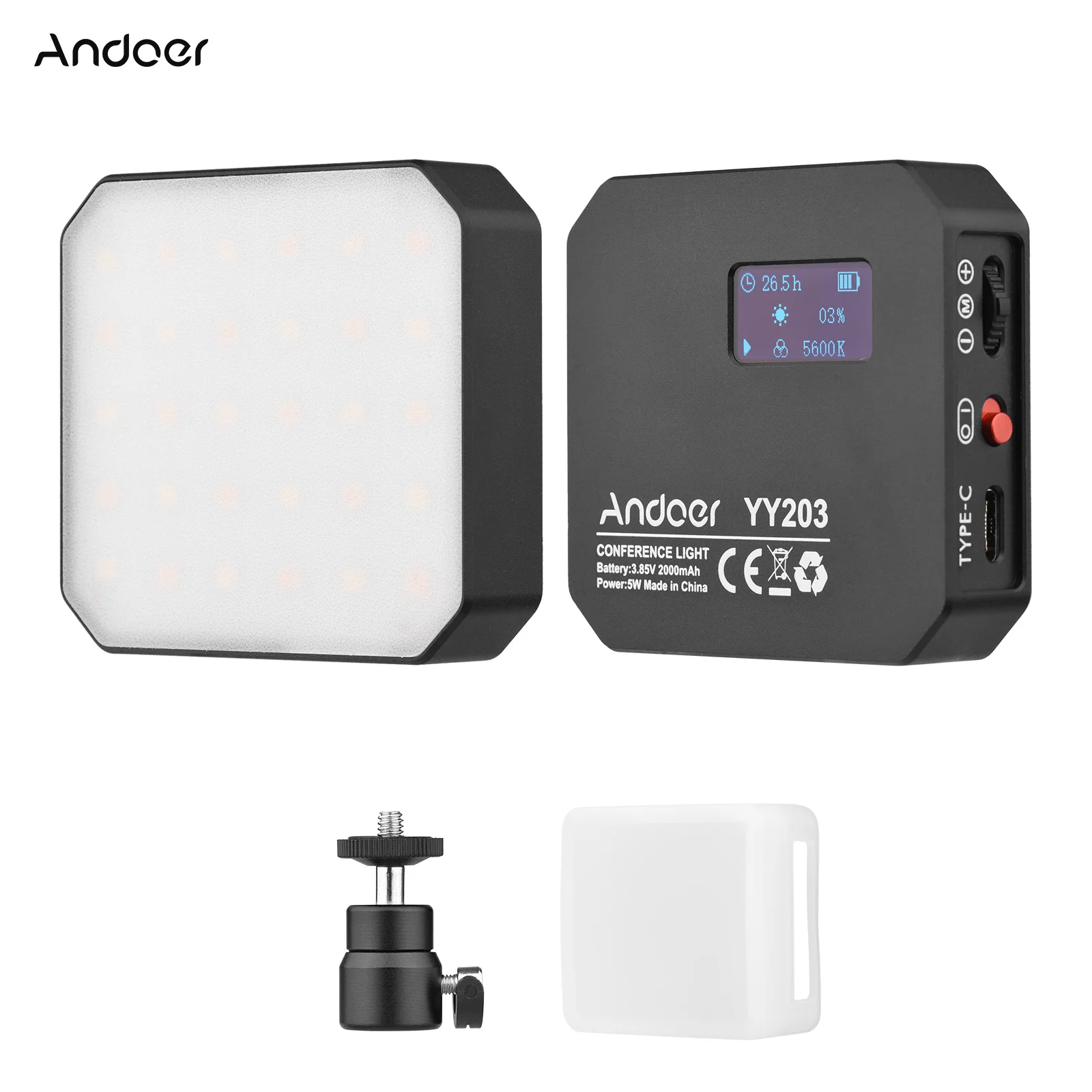 

Andoer YY203 Bi-Color Pocket LED Video Light Photography Conference Fill Light 3200K-5600K Dimmable Aluminum Alloy for Vlog Live
