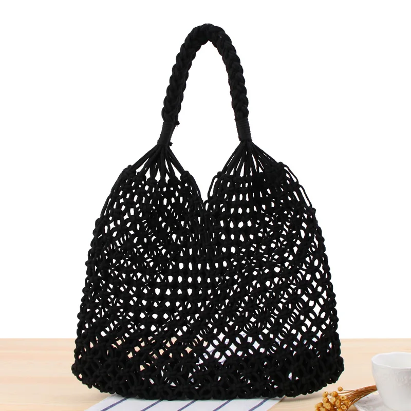 

2021 new solid color shoulder woven bag Tide female Mori straw woven bag hand-made cotton rope net bag beach bag