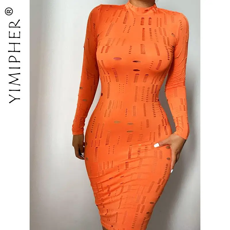 

O-neck Hollow Out Long Sleeve Midi Dress for Women 2021 Autumn Winter New Sexy Mesh Bodycon Dresses Party Wear Black Orange