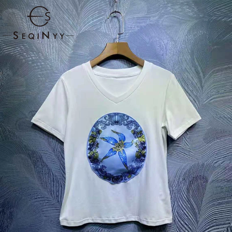 

Женская футболка с бисером SEQINYY, подиумная футболка из 100% хлопка, с принтом синих цветов, лето-весна