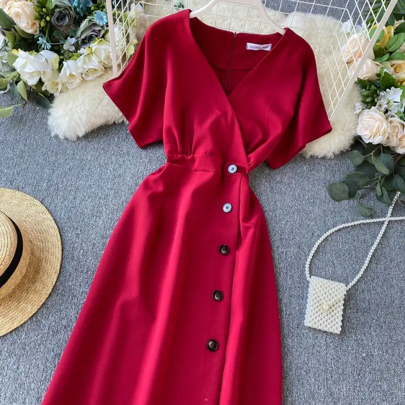 

2020 Vintage Slim V Neck Button Dresses Summer Midi Long Dress Vestido De Festa Party Evening Women Casual Elegant Vestidos