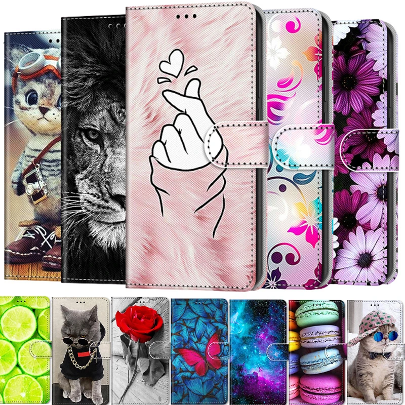 painted leather flip phone case for huawei honor 10x lite p smart 2021 y9a y7a flower cat wallet card holder stand book cover free global shipping
