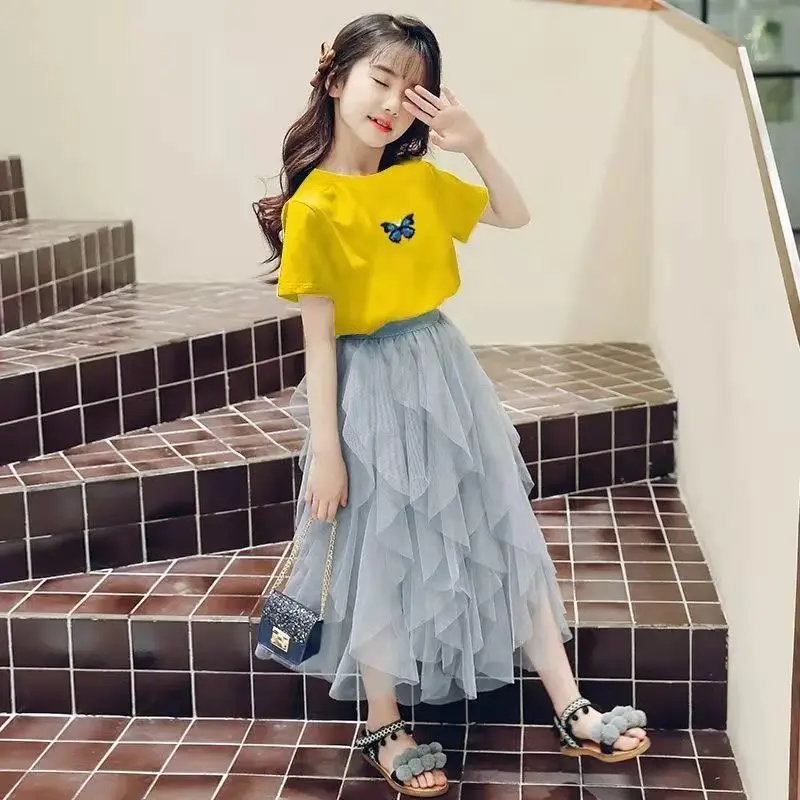 Комплект одежды для девочек футболка + длинная юбка Сетчатое платье подростков 10