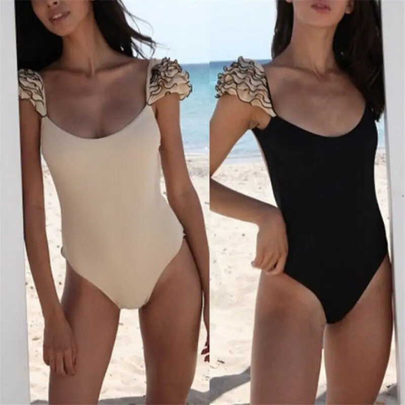 2019 сексуальный сплошной купальник с оборками в несколько рядов женский черный