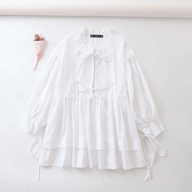 Женские Элегантные повседневные свободные блузки с бантиком и завязками рубашки