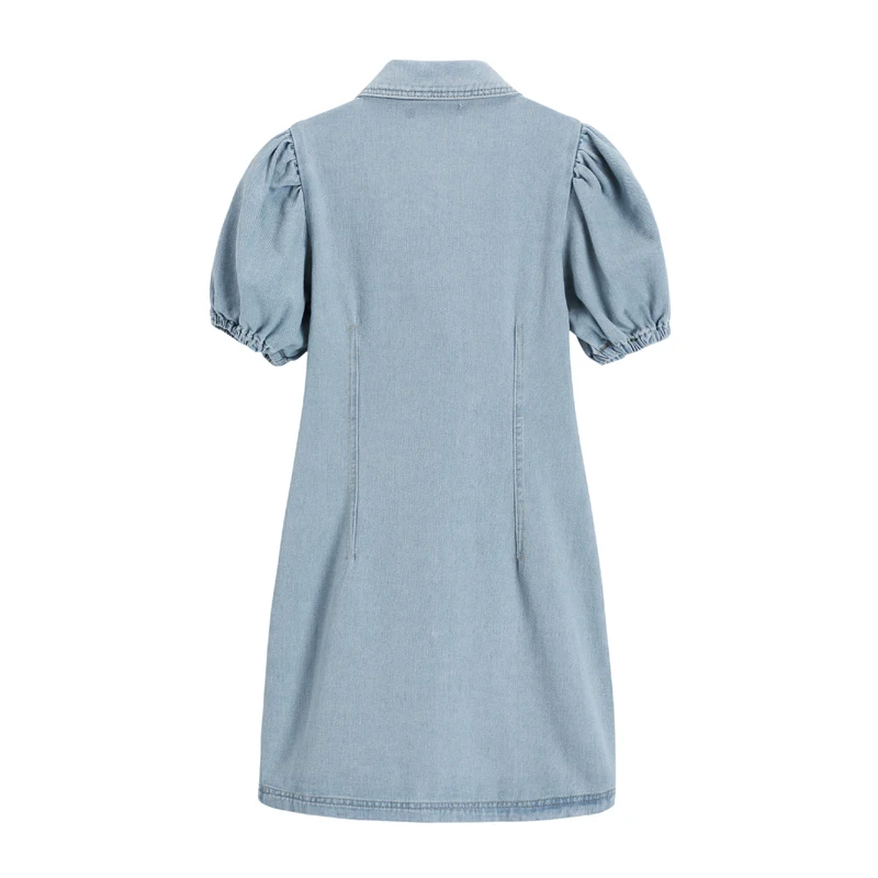 

Sexy Hollow Out Denim Mini Slim Dress Women Puff Sleeve Fashion Club Party Vestidos Bow Tied Single Breasted Vogue Streetwear