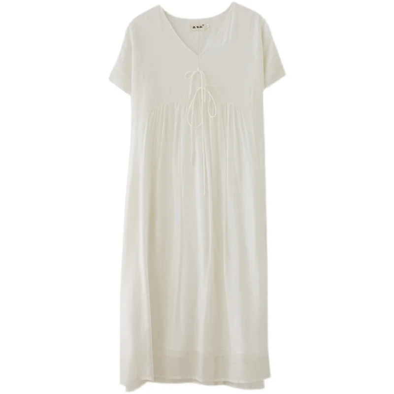 

COIGARSAM Solid Women dress New Summer Short Sleeve Loose V-Neck Dresses Black White 3057