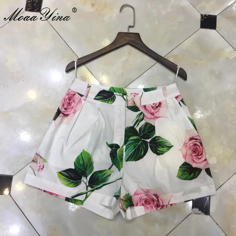 MoaaYina Summer Women Rose Floral-Print Cotton Shorts | Женская одежда