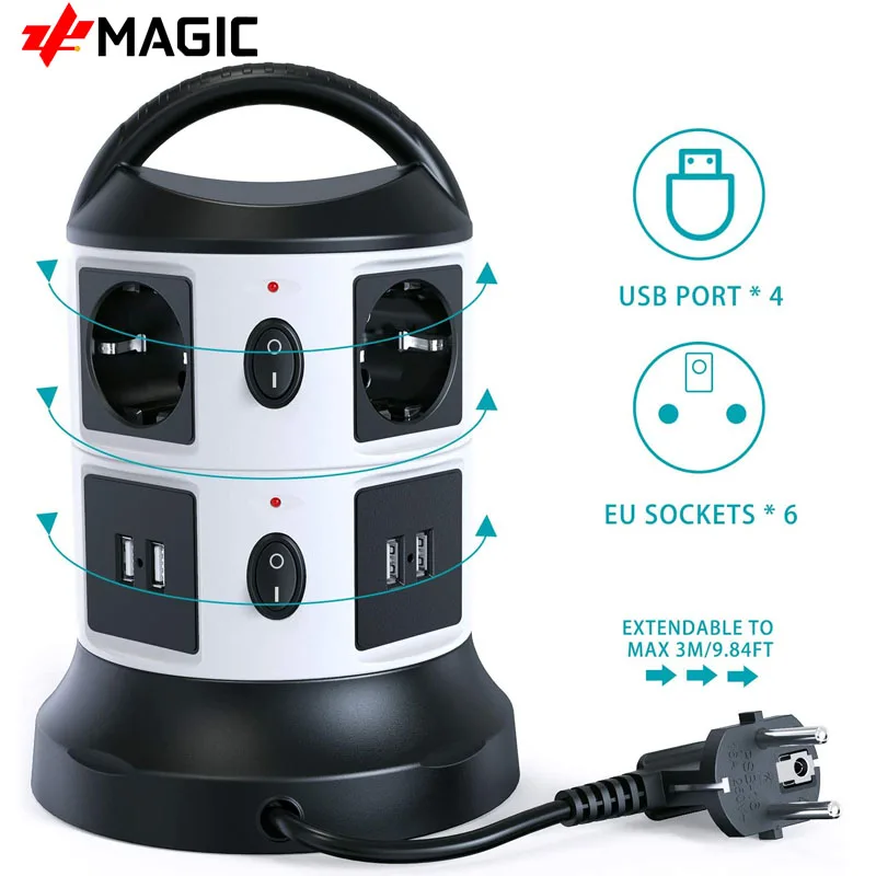 Многоразовая розетка с 4 usb-портами для зарядки 6 разъемов Tower 2 Switch 3m кабель Защита