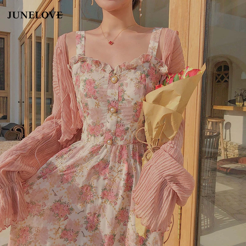 

JuneLove Women Summer Print Floral Midi Dress Vintage Franch Style Female Strapless Party Dress Casual Holiday Lady Boho Vestido