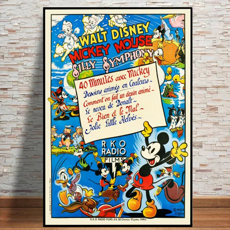 

French 1938 Silly Symphony Poster Reproduction Prints Celebrating 90 Years of Mickey Mouse Canvas Painting Wall Art Home Decor