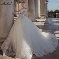 alonlivn vintage boat neck off shoulder puffy ball gown bridal skirts floor length appliques with button wedding gowns