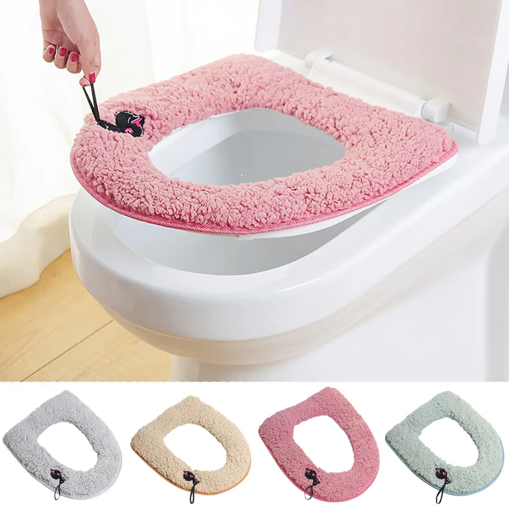 Cute Embroidered Cartoon Thicken Toilet Seat Cover Mat Sticky Button Closes Tool Lid Accessories Soft Cushion | Дом и сад