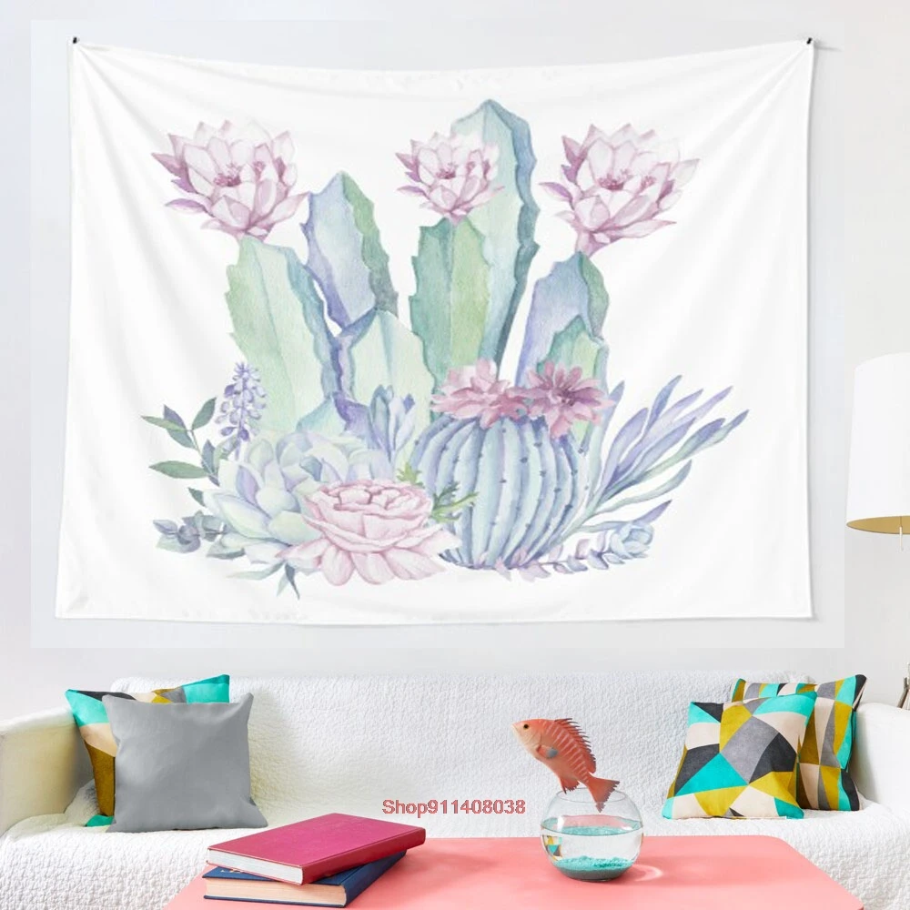 

Модный дизайнерский гобелен кактуса, розовый и мятно-зеленый, пустынные кактусы, декоративное настенное одеяло большого размера для дома, г...