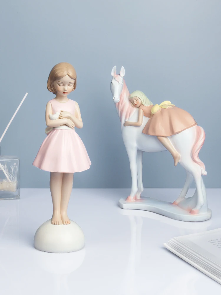 

Nordic Fairy Girl Figurines White Horse Statues Cute Decoration Resin Lovely Gift Girls Birthday Present New Year Decor